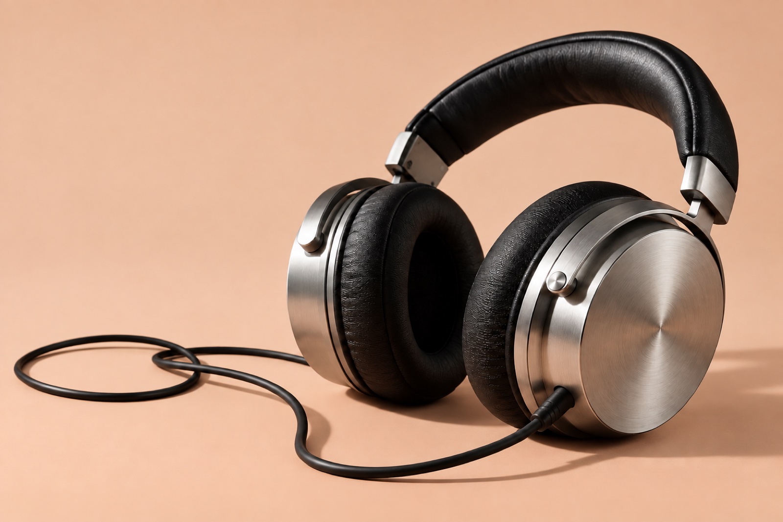 Brushed aluminum headphones on a soft apricot background